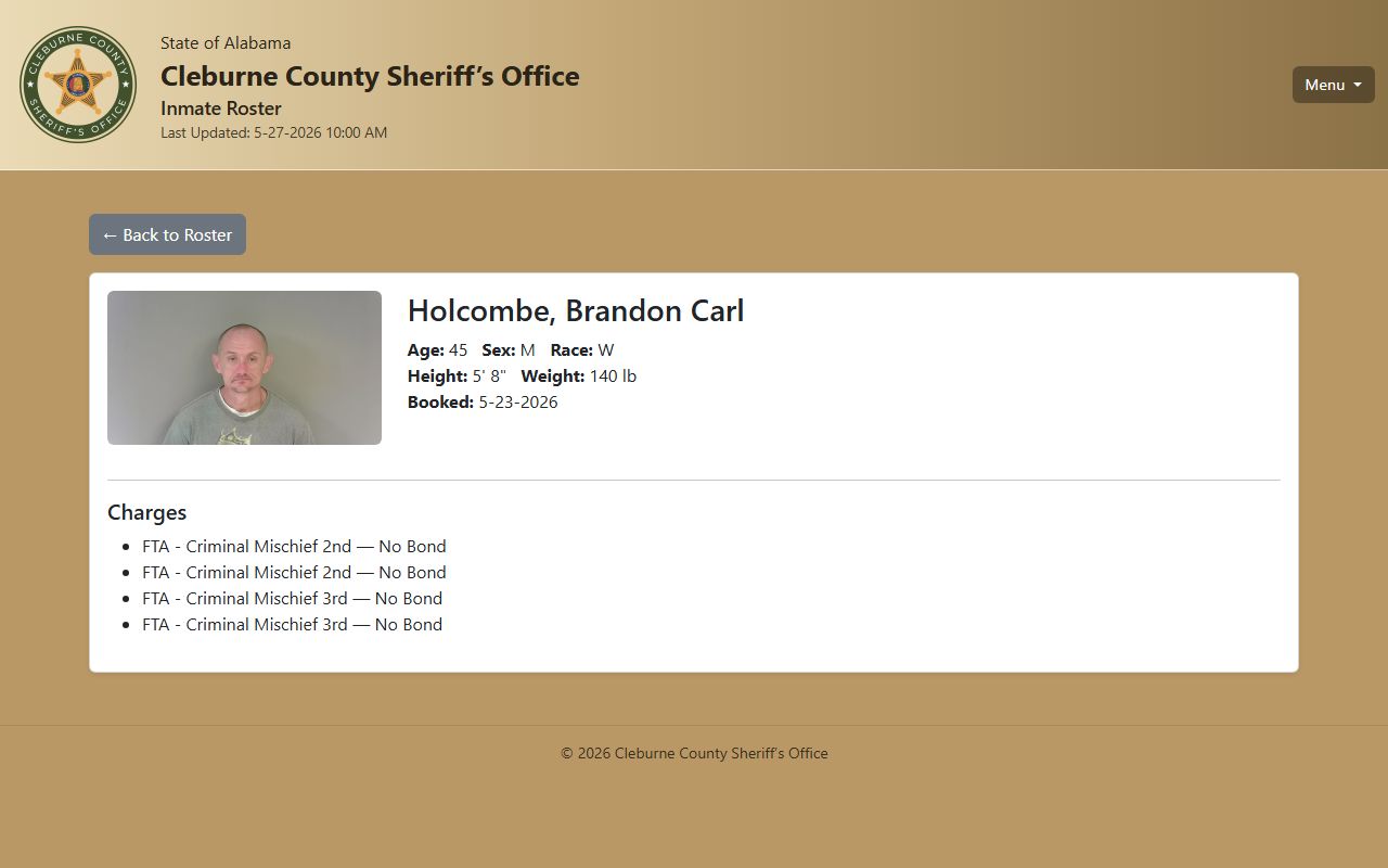 Cleburne County booking photo and inmate detail fields