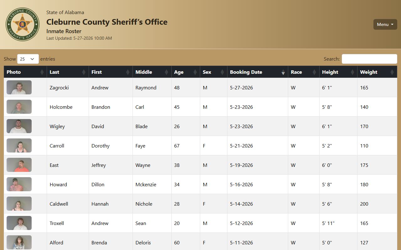 Cleburne County Jail roster search table with inmate booking records