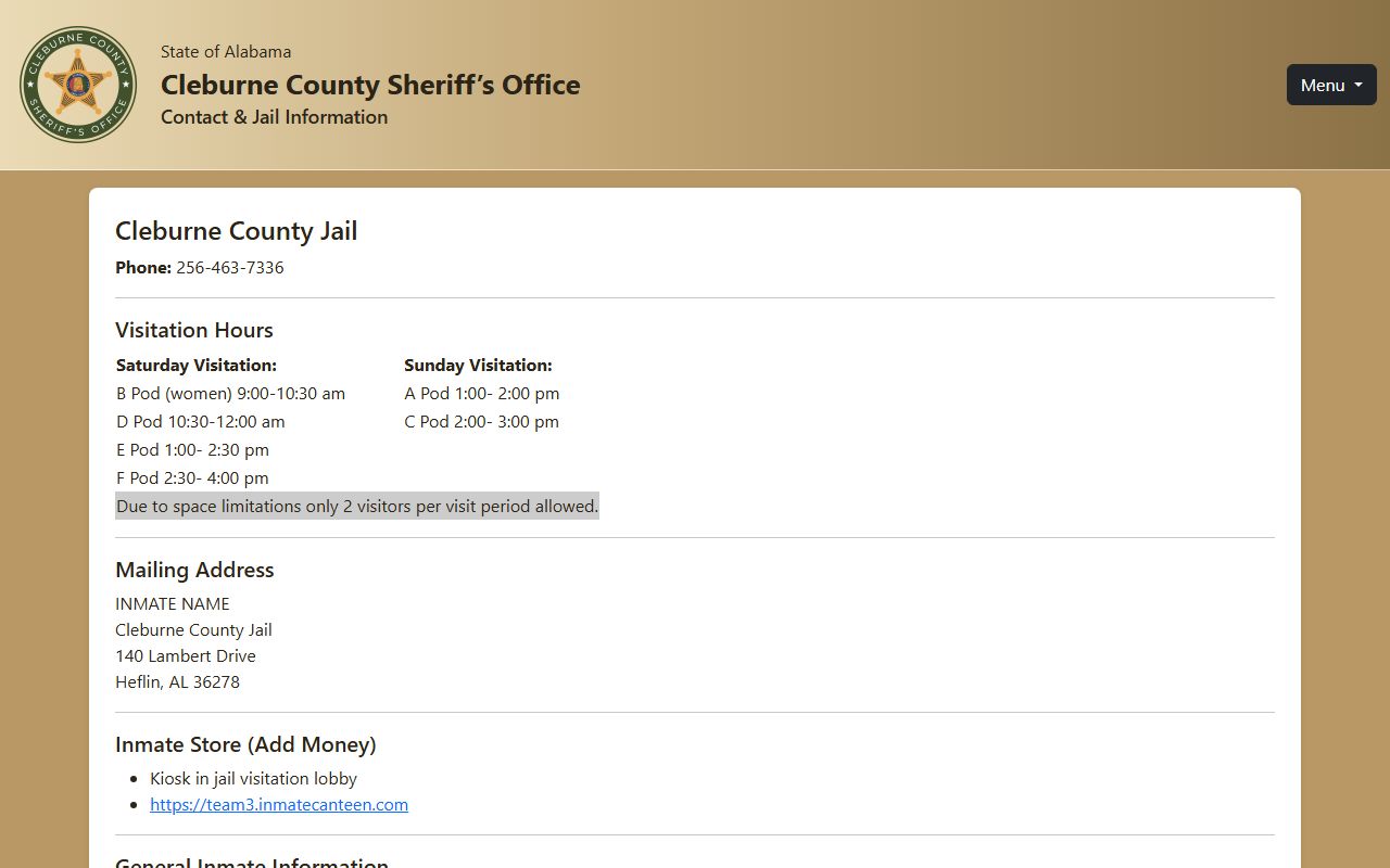 Cleburne County Jail visitation schedule and inmate contact information