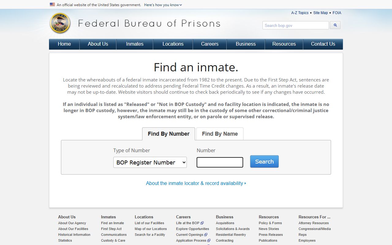 Federal BOP locator used when a Cleburne County inmate population search points to federal custody